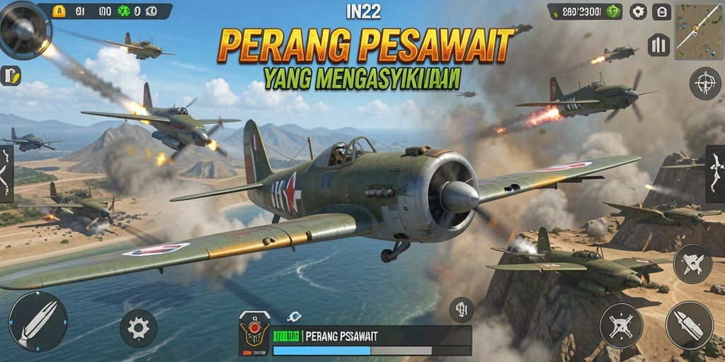 Tampilan antarmuka IN22 dengan grafis pesawat tempur yang menakjubkan.