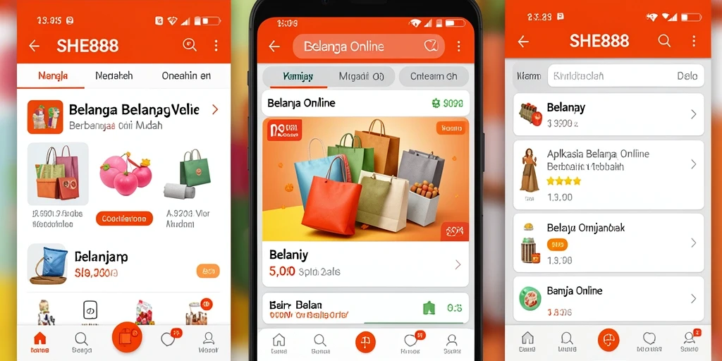 Tampilan antarmuka aplikasi SHE888 untuk Belanja Online.