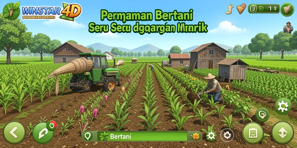 Tampilan antarmuka WINSTAR4D dengan ladang hijau yang subur dan tanaman berwarna-warni.